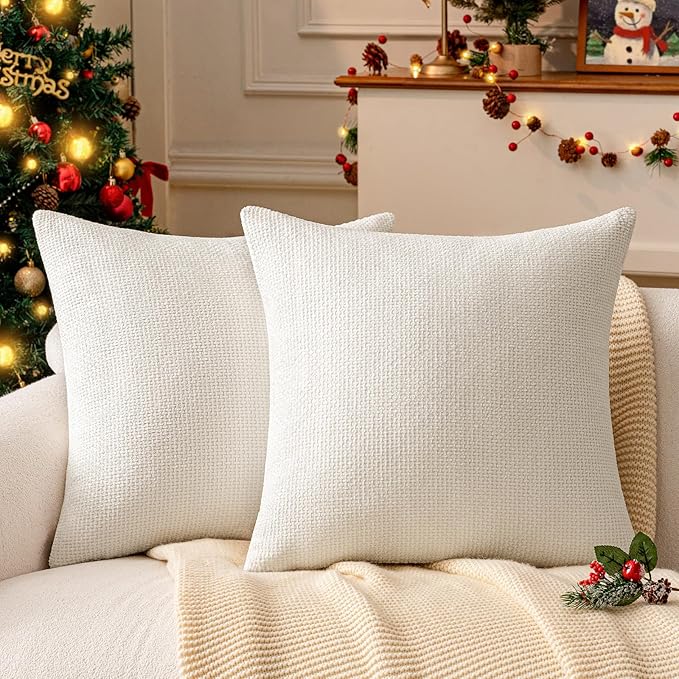 a moment Ivory Chenille Throw Pillow Covers 16x16 Inch Pack of 2 Modern Decorative Throw Pillow Covers Farmhouse Cross Covers Home Decor for Sofa Bedroom Living Room