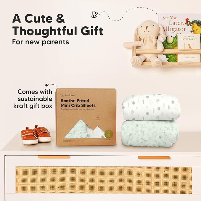 2-Pack Mini Crib Sheets Fitted - 38x26 Pack N Play Sheets for Pack and Play Mattress, Organic Cotton, Soft & Breathable Playard Bedding, Neutral Mini Toddler Bed Cover for Boys, Girls (Tropic Oasis)