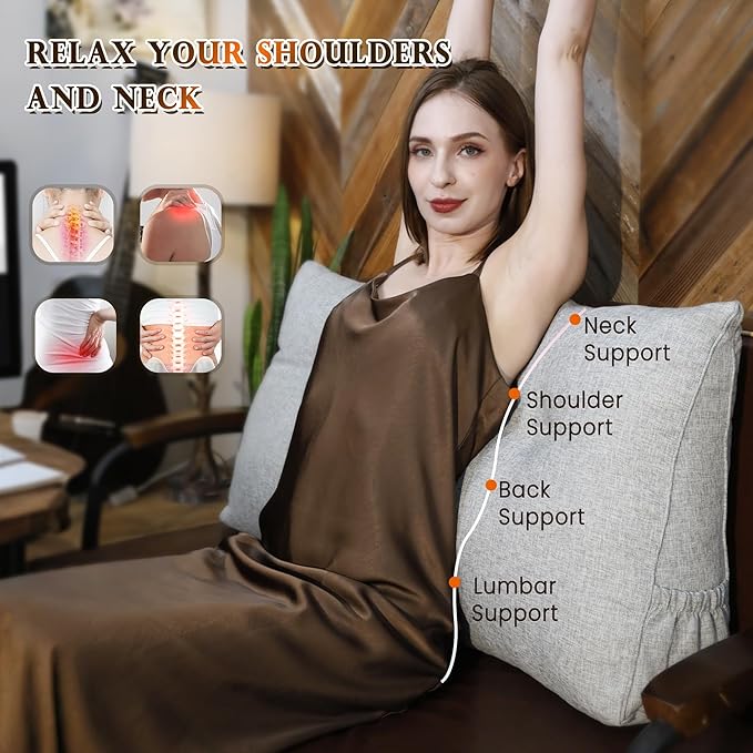 Headboard Pillow Twin XL, Triangular Wedge Backrest with Removable Head Roll & Side Pocket, 100% Linen Reading Pillow for Bed, Couch, Floor - Ergonomic Support for Neck, Back,Grey