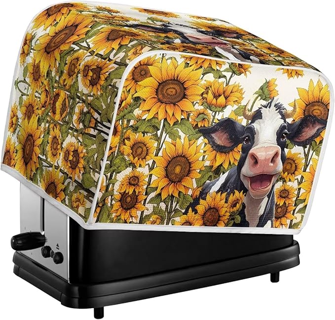 Sunflower Cow Printed Toaster Cover - 2 Slice Bread Maker Protector, Anti Fingerprint Oven Dust Cover for Small Kitchen Appliances