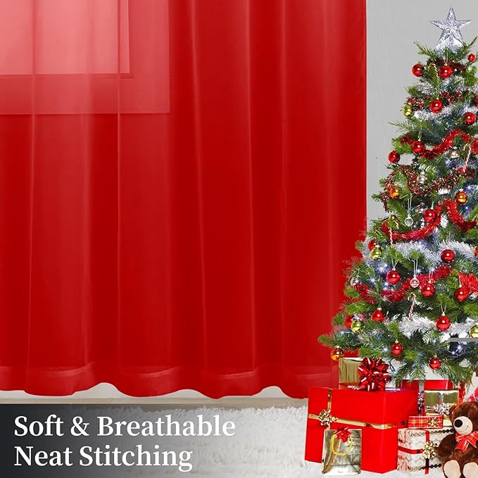 Sheer Curtains 72 Inches Long 2 Panels, Rod Pocket Short Curtain for Kitchen, Bedroom, Cafe Window(Red 38" W x 72" L)