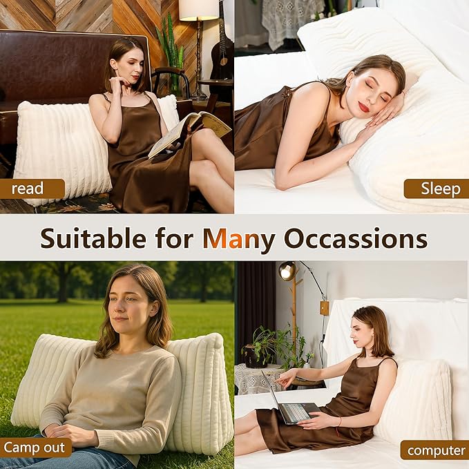 Faux Fur Headboard Pillow King Size, Triangular Wedge Backrest with Removable Head Roll & Side Pocket, Reading Pillow for Bed, Couch, Floor - Ergonomic Support for Neck, Back, Ivory