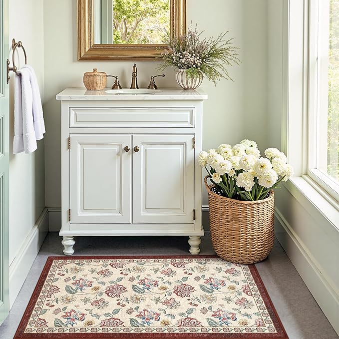 jinchan Elora 3x5 Floral Rug for Entryway Washable Rug Vintage Romance Design Christmas Small Mat Non Slip Indoor Doormat Lightweight Low-Profile Throw Carpet for Bathroom Laundry Room, Red/Beige