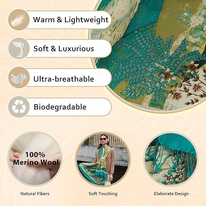 DANA XU 100% Merino Wool Extra Large Pashmina Blanket Travel Scarf Cashmere Wrap for Women Fall Winter Oversize Shawl Floral