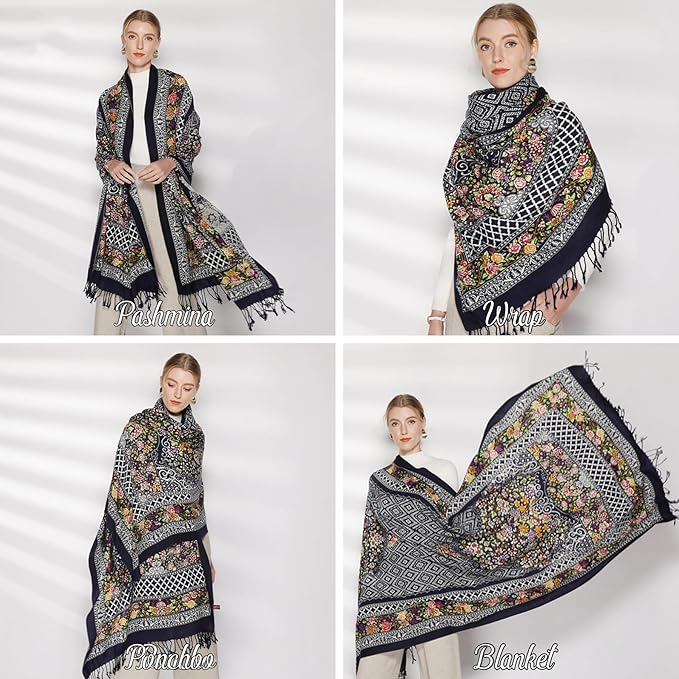 DANA XU 100% Merino Wool Pashmina Shawl for Women 96"x43", Oversized Cashmere Wrap with Tassels, Floral Travel Blanket Cape