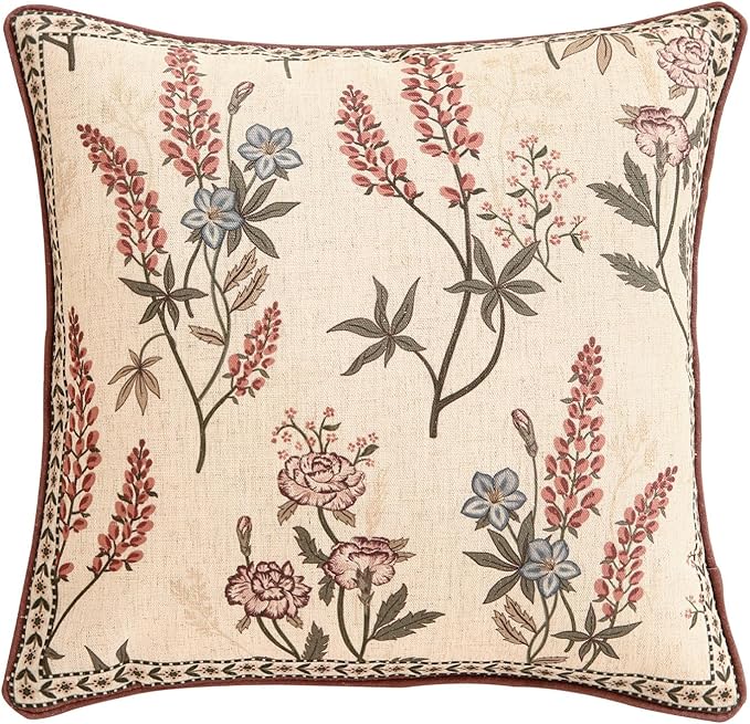 ISAENNE Design Linen Vintage Throw Pillow Covers 18"x18", Square Cushion Covers with Blue Pink Flowers Green Leaves Pattern Decoration Pillowcases for Bed,Living Room,Outdoor,Car
