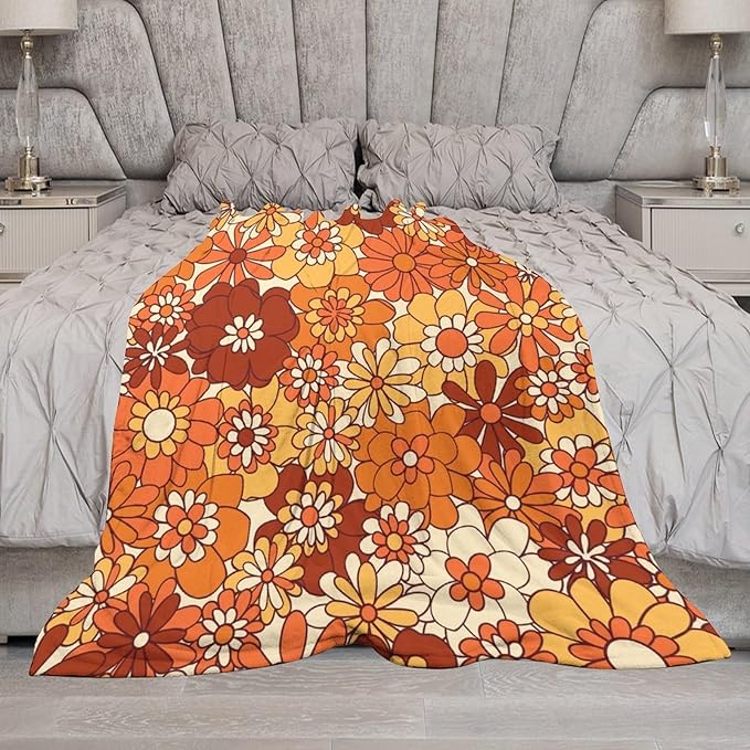 Vintage 70s Throw Blanket, Boho Hippie Bright Orange Flowers Groovy Abstract Funny Art Print Blanket for Couch Sofa Bed 50"x60"