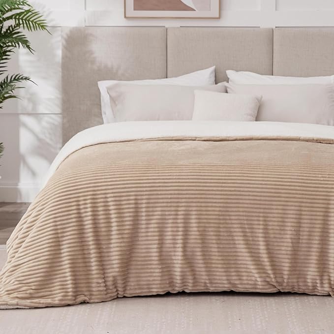 Sherpa Blankets Queen Size - Fleece Queen Blanket for Bed, Soft and Warm Throw Blanket for Winter, 90" x 90", Khaki