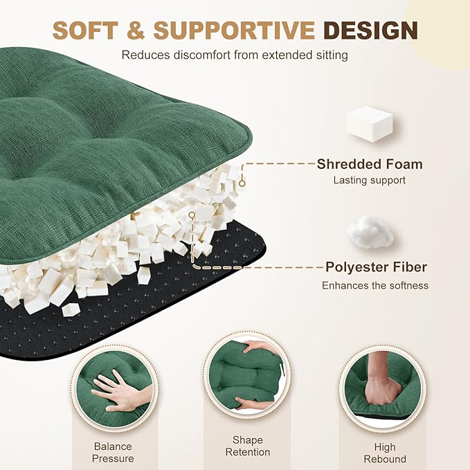 downluxe Indoor Chair Cushions for Dining Chairs, Tufted Overstuffed Textured Foam Kitchen Chair Pads with Ties and Non-Slip Backing, 15.5" x 15.5" x 4", Dark Green, 4 Pack