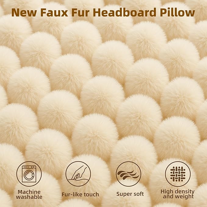Faux Fur Headboard Pillow Queen Size, Triangular Wedge Backrest with Removable Head Roll & Side Pocket, 100% Linen Reading Pillow for Bed, Couch, Floor - Ergonomic Support for Neck, Back, Ivory