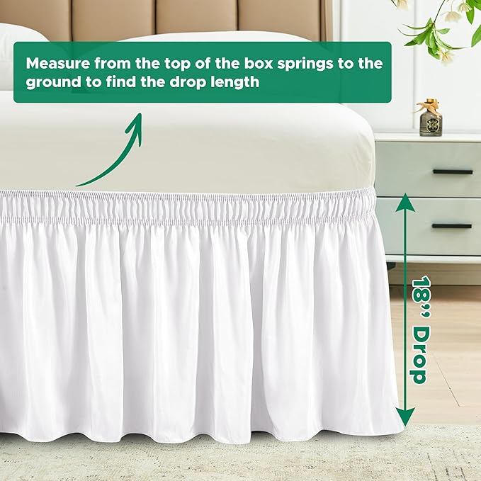 Biscaynebay Wrap Around Bed Skirts for Full & Full XL Beds with Long Drop of 18", White Adjustable Elastic Dust Ruffles Easy Fit Wrinkle and Fade Resistant Silky Luxurious Fabric Machine Washable