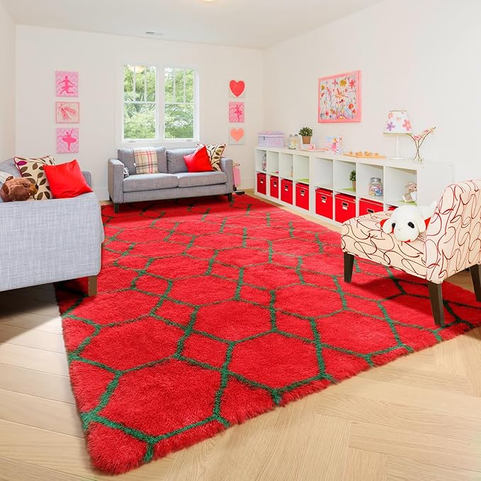 ONASAR 6x9 Area Rugs for Living Room, Large Fluffy Red and Dark Green Bedroom Rug, Geometric Boho Soft Shaggy Plush Floor Carpet for Kids Girls Teen Nursery Dorm Christmas Home Decor Aesthetic