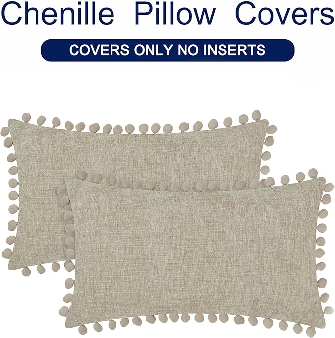 CaliTime Throw Pillow Covers Decorative 20 X 12 Inches Pack of 2 Cozy Solid Dyed Soft Chenille Cushion Cases with Pom Poms for Couch Sofa Bed Living Room Home Taupe