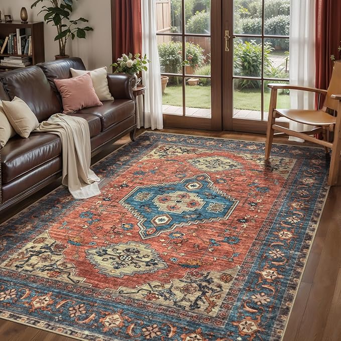 Tangsoo 8x10 Area Rugs for Living Room, Washable Rugs Oriental Vintage Indoor Non Slip Large Area Rugs, Print Carpet, Soft Low Pile Rug Foldable Floor Rug for Bedroom Dining Room Dorm Terracotta