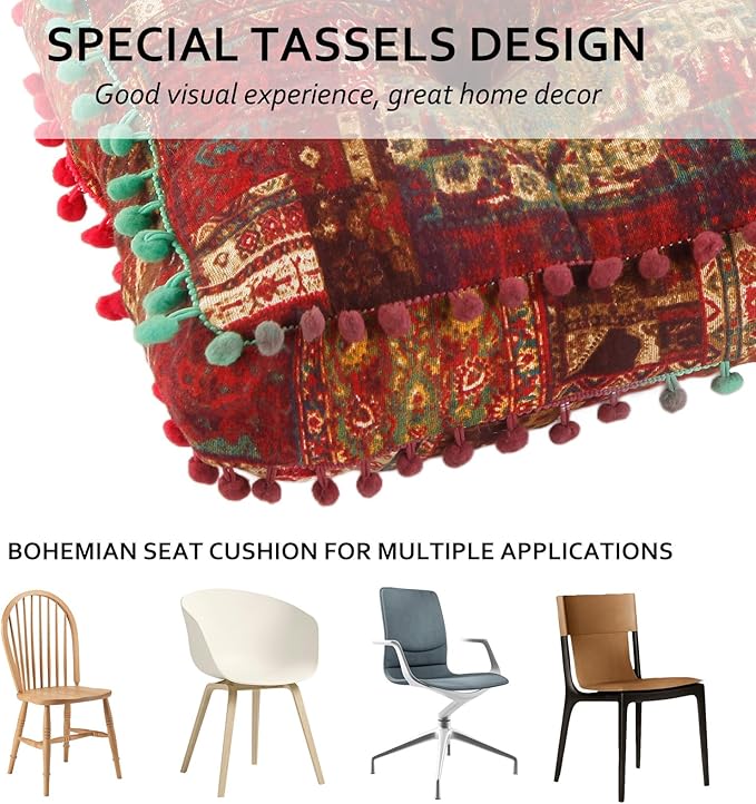Bohemian Seat Cushion，Indoor & Outdoor 16.5" x 16.5" Seating Cushion for Dinning Chairs, Decorative with Tassels(4Pcs, Red)