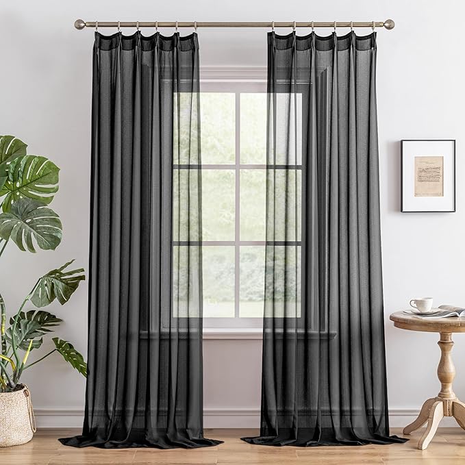 MAIHER Pinch Pleat Sheer Curtains 102 Inch Length for Dining Room Soft Touch Lightweight Light Filtering Black Pleated Drapes with Hooks for Patio Door, Black, 42" W x 102" L, 2 Panels