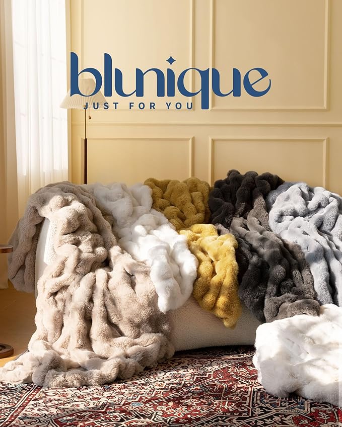 Ultra Soft Cozy Faux Fur Throw Blanket, Fuzzy Plush Thick Bubble Blanket, Oversize Luxury Fluffy Blanket for Couch, Bed, and Living Room, 60x80 Inches, Off White