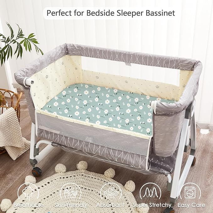 3 Pack Soft Bassinet Sheets - 35"x20" Bedside Bassinet Sheets for for Newton, Ezebaby, AMKE(3 in 1) & Other Large Bedside Sleeper | Breathable & Skin Friendly Bassinet Fitted Sheets for Girls, Green