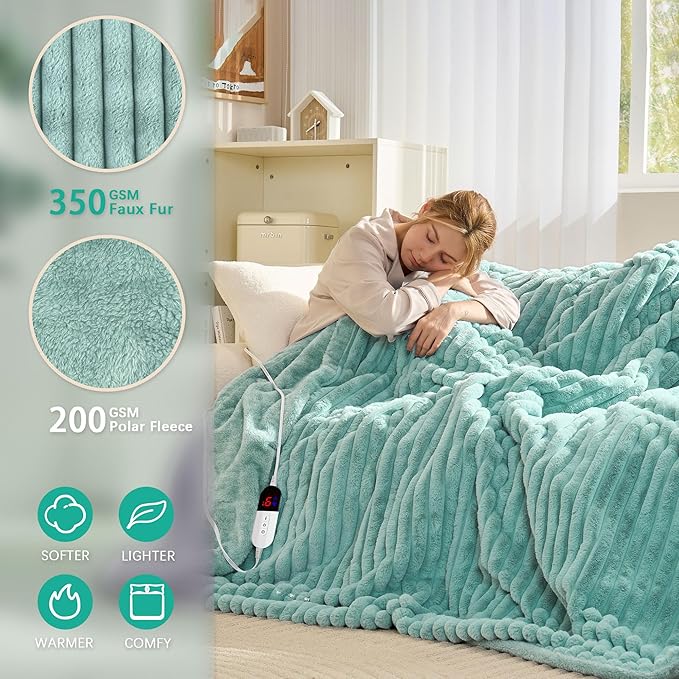 Heated Blanket 84"X90",Fast Heating Blanket with 6 Heat Levels 10 Hours Auto-Off Overheat Protection,Stripe Faux Rabbit Fur Soft Warm Electric Blanket, ETL Certified (Green, 84"X90")