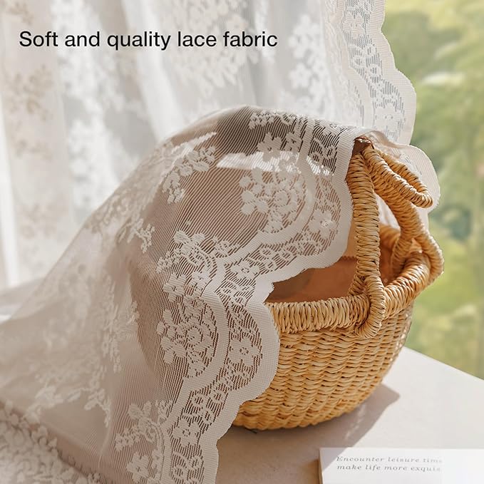Anmao Vintage Lace Curtains 63 Inches Long 2 Panels Set, Romantic Elegant Light Filtering Semi Sheer Floral Thick Lacy Curtain Drapes for Living Room and Bedroom, Each Panel 55W x 63L, Beige Plum