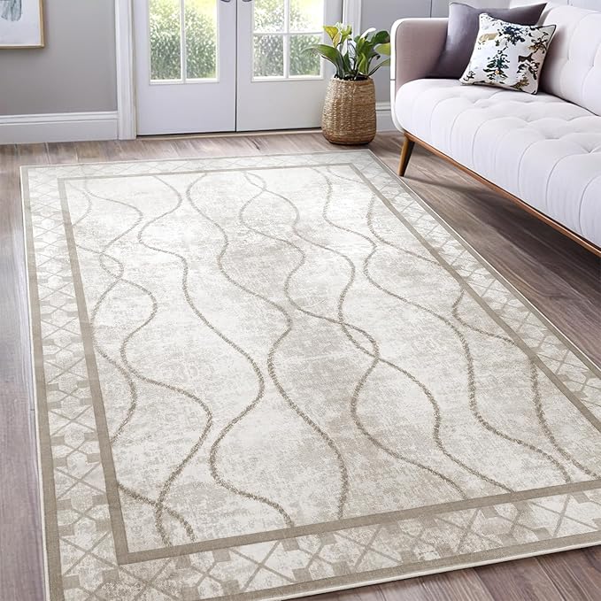 Area Rugs 6x9 Washable Rug, Non-Slip Rugs for Living Room, Low Pile Bordered Rugs Alfombras, Large Print Rubber Backing Indoor Carpet for Home Decor Bedroom Nursery Dining Room, Beige