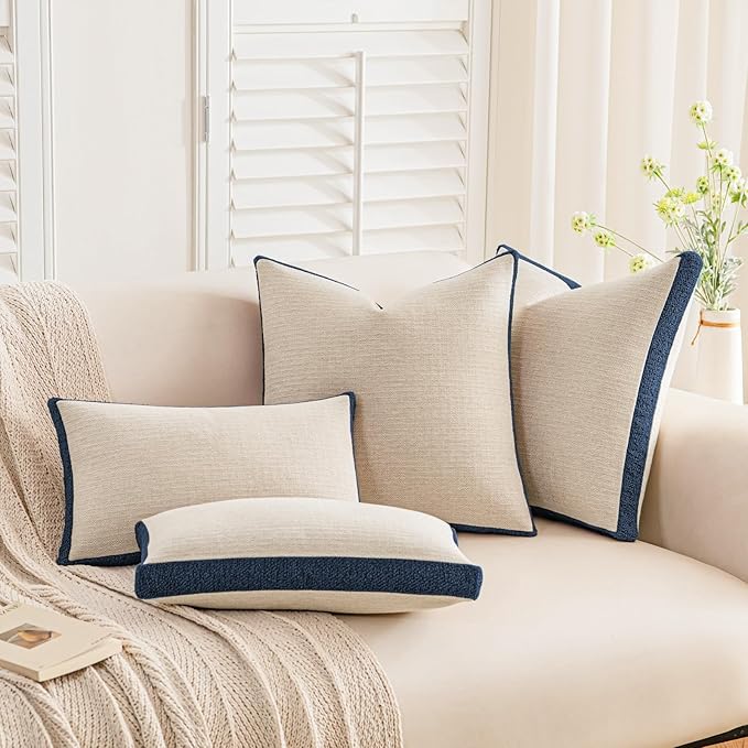 a moment Loop Yarn Linen-Like Pillow Cover Natural Soft Decorative Throw Pillow Case Farmhouse 18x18 Inch, Bohemian Textured Cushion Cover for Sofa Bed, Wrinkle-Resistant Home Decor Navy Blue
