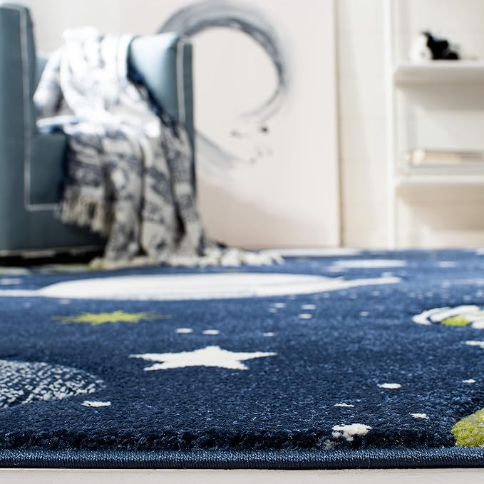 SAFAVIEH Carousel Kids Collection 3' Round Navy/Ivory CRK103N Outer Space Non-Shedding Playroom Nursery Bedroom Area Rug