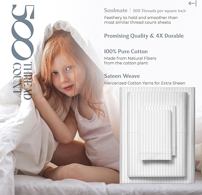 Mayfair Linen 100% Cotton Striped Sheets Queen Size Bed Set - 500 Thread Count Damask Sheets Queen Size 4 PC Set (White Stripe), Soft, Cooling, Sateen Weave Hotel-Quality 16" Deep Pocket Bedsheet