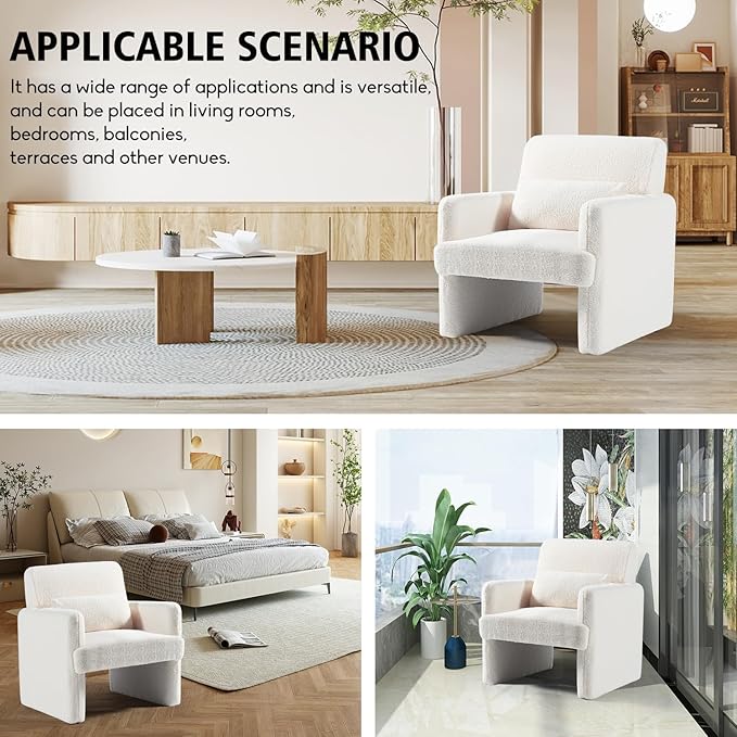Gaussen Sherpa Oversized Accent Chair for Bedroom, Modern Living Room With Pillow, Fluffy Sofa, Upholstered Arm Chair, Comfy for Office/Home (Winter)