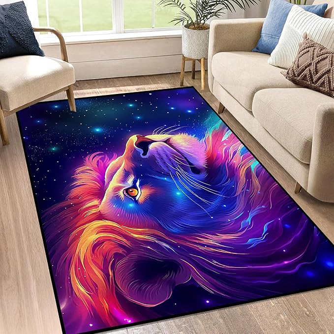 Galaxy Lion Rug 3D Fierce Lions Area Rugs for Kids Bedroom Living Room Playroom Gameroom Boys Glitter Carpet Throw Rugs Floor Mat 59 in x 39 in