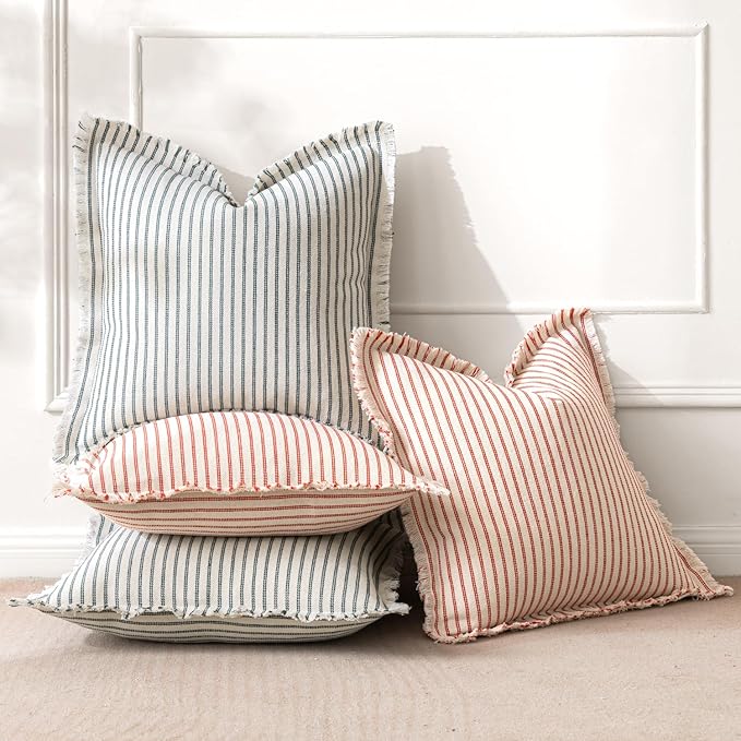 MIULEE Pack of 2 Christmas Red Pillow Covers 20x20 Inch Striped Farmhouse Couch Throw Pillow Covers with Fringe Chic Linen Decorative Cushion Covers for Sofa Living Room Bed Outdoor Home Decor