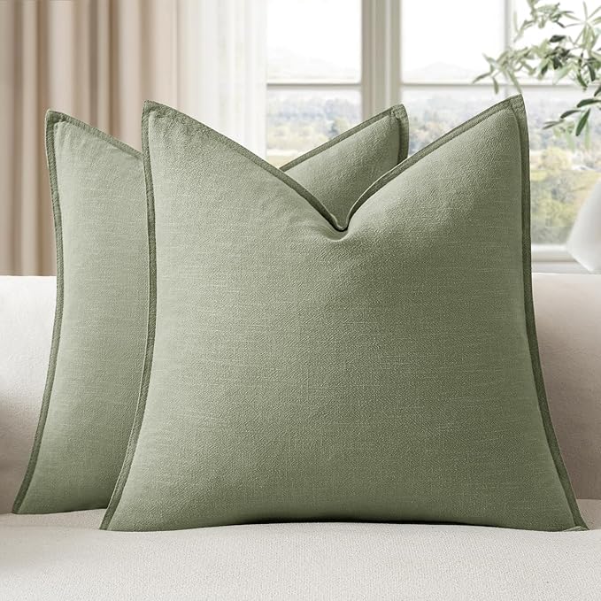 EMEMA Decorative Linen Throw Pillow Covers 20x20 Inch Grass Green Boho Farmhouse Neutral Couch Throw Pillows for Bed Pack of 2 Accent Pillowcase Modern Sofa Cushion Livingroom Home