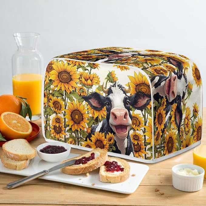 Sunflower Cow Printed Toaster Cover - 2 Slice Bread Maker Protector, Anti Fingerprint Oven Dust Cover for Small Kitchen Appliances