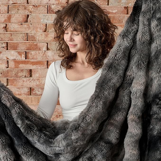 Lotus Karen Faux Fur Blanket Tie-Dye Dark Gray Twin Size - Big Bubble Rabbit Fluff Throw for Couch Small Fluffy Fuzzy Cozy Thick Furry Plush Shaggy Blankets 90x90 Inches