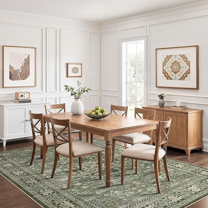 8x10 Area Rugs Living Room: Washable Boho Large Neutral Vintage Soft Rug Stain Resistant Farmhouse Non-Slip Indoor Floor Carpet for Bedroom Nursery Kids Playroom Office Dining Room Home- Dark Green