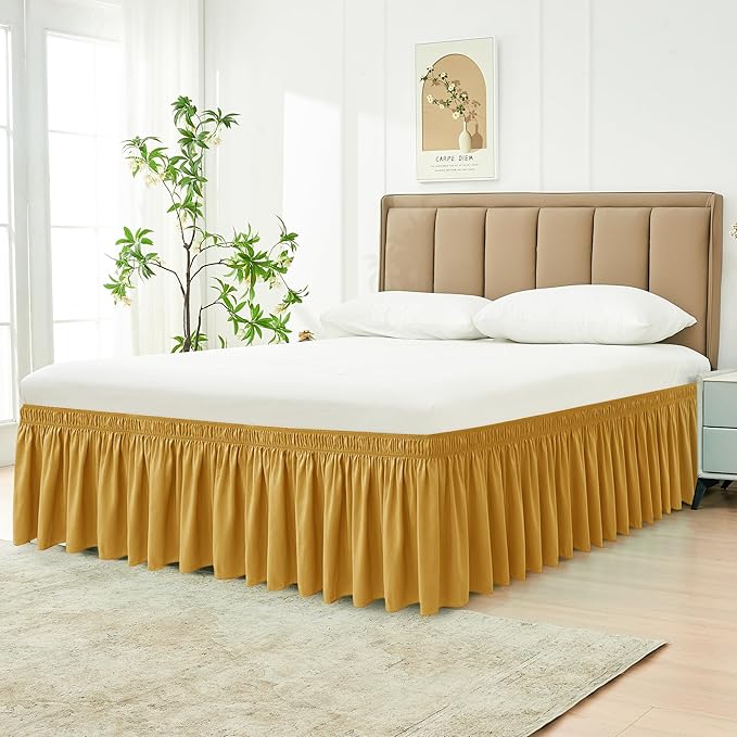 Biscaynebay Wrap Around Bed Skirts for Queen Beds 14" Drop, Christmas Gold Adjustable Elastic Dust Ruffles Easy Fit Wrinkle Resistant Silky Luxurious Fabric Machine Washable