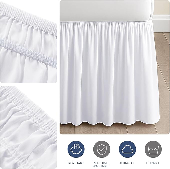 Dorm Bed Skirt Twin XL 30 Inch Drop, 100% Microfiber Extra Long College Dust Ruffle Bedskirt for Adjustable Beds, Elastic Wrap Around Design, White