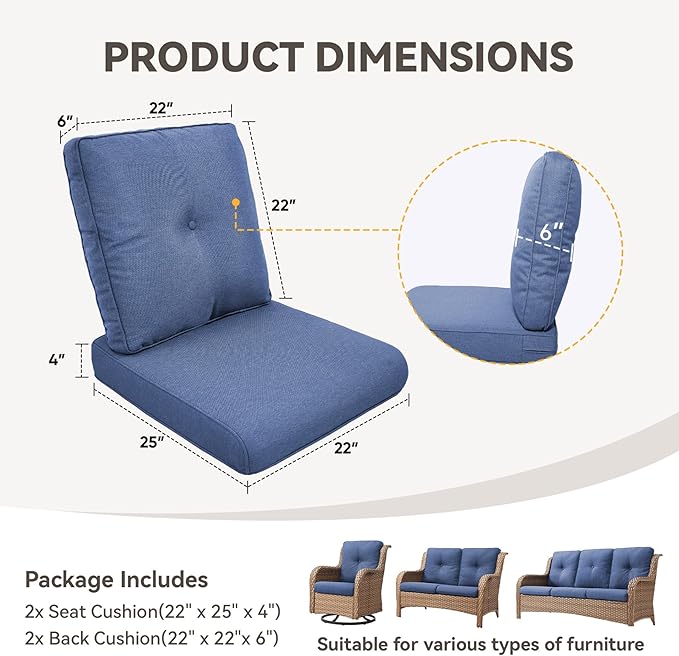 Patio Cushions for Outdoor Furniture - 22" x 25" x 4" UV Resistant Thick Foam Cushions Water Resistant Replacement Cushion for Outdoor Patio Furniture Chair/Sofa/Couch | Blue | 2-Pack |