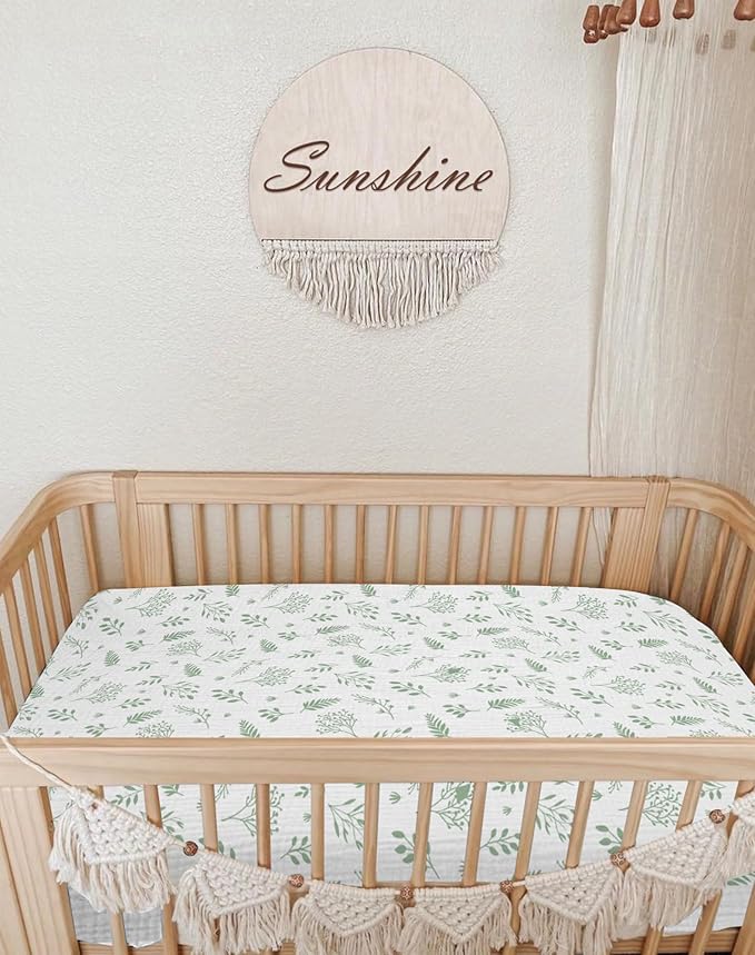 Bassinet Sheet for Baby Boy and Girl 2 Pack, Fitted Sheets for Rectangle, Oval, Hourglass Bassinet Mattress, Muslin Moses Basket Sheets with Neutral Style (Fern Leaf & Sage)