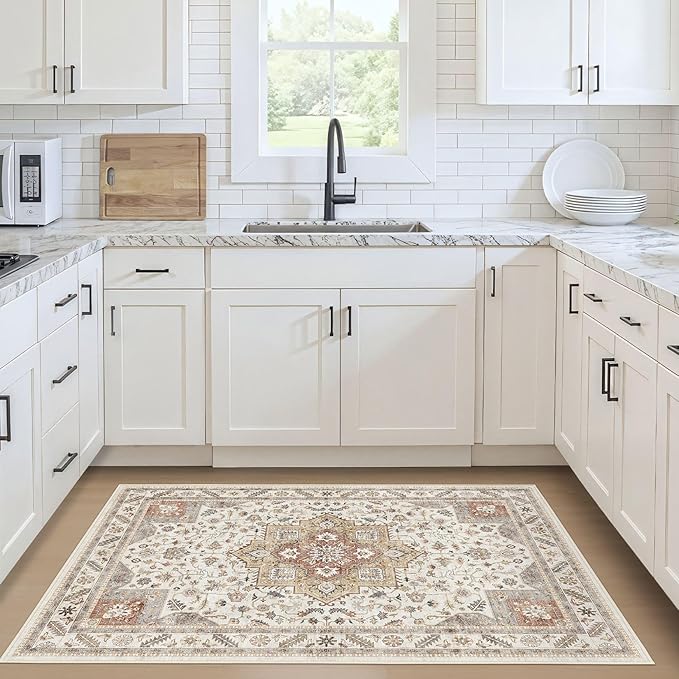 Vintage Living Room Area Rug 3x5 - Large Soft Washable Oriental Traditional Distressed Farmhouse Rugs for Bedroom - Indoor Floor Accent Carpet for Home Office House Decor - Golden Taupe