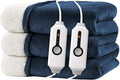 Electric Heated Blanket King Size 90"x100" - Dual-Sided with Microplush & Sherpa Fabric, 4 Heat Settings & 10 Hours Auto Off, Dual Controller, Machine Washable - Dark Blue