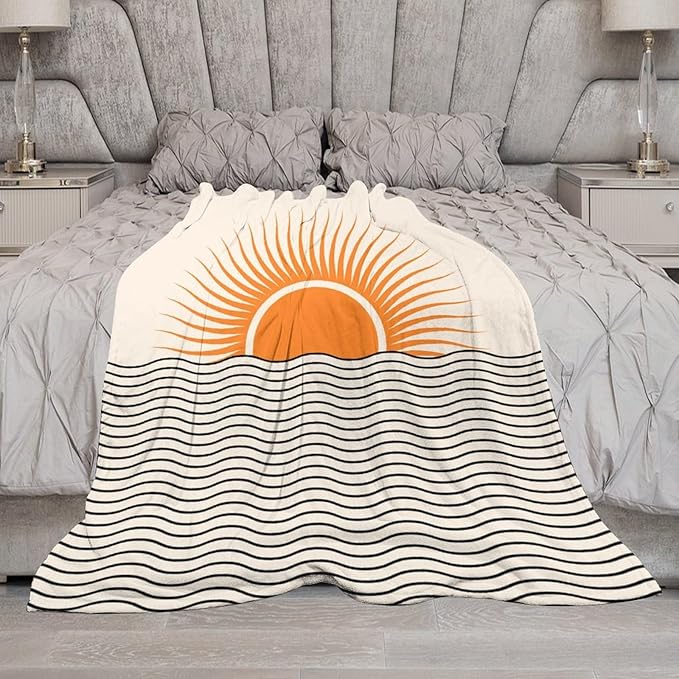 Abstract Sunset Throw Blanket, Boho Mid Century Geometric Minimalist Aesthetic Wave Sunrise Soft Warm Blankets for Couch Bedroom Sofa Office, 40"x50"