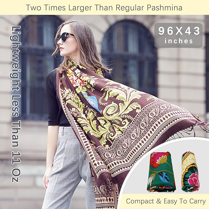 DANA XU 100% Merino Wool Pashmina Shawl for Women 96"x43", Oversized Cashmere Wrap with Tassels, Floral Travel Blanket Cape