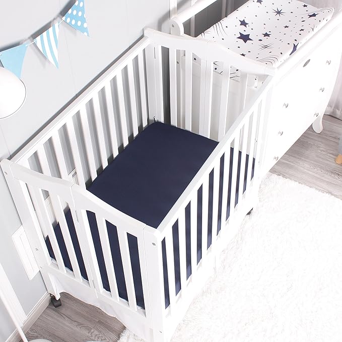 Belsden Pack of 3 Mini Crib Sheet Set, Pack N Play Sheet Set for Baby Boys and Girls, Cloudy Soft Touch and Machine Washable, Fitted Playard/Portable Crib Sheet, White Star & Navy & Navy Star