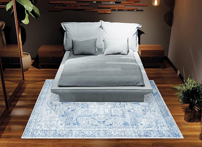 Bloom Rugs Washable Non-Slip 5' x 7' Rug - Blue/Gray Traditional Area Rug for Living Room, Bedroom, Dining Room, and Kitchen - Exact Size: 5' x 7'