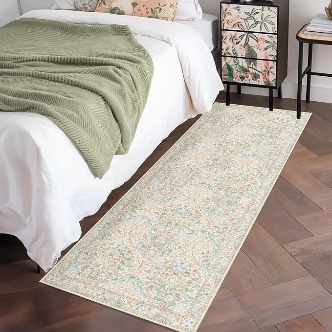 MUJOO Washable Runner Rug,Floral 2x6 Runners for Hallway Kitchen Bedroom Bedside Bathroom Laundry Room,Long Non Slip Throw Carpet Boho Indoor Neutral Vintage Ultra-Thin Light Green and Beige