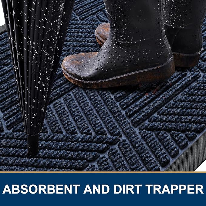 Smiry Front Door Mat Outside Entrance, Heavy Duty Sturdy Natural Rubber Doormat, Trap Dirt and Moisture, Easy Clean Low Profile Mats for Indoor Outdoor Entry, Irregular Triangle (47x24, Navy Blue)