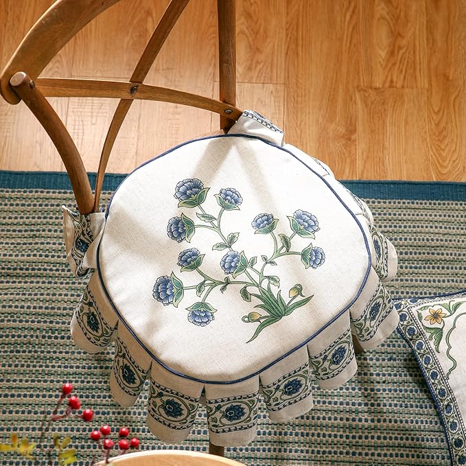 patdrea Pack of 2 Chair Cushions for Dining Chairs with Ruffled, Blue Floral Seat Cushion with Ties,Removable,Non Slip Chair Pads Decor for Bar Stool Cushions, Indoor Kitchen Chairs, 17.7"x17.7"