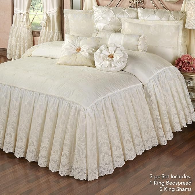 Cameo Lace Luxury Washable Polyester Bedding Set | Vintage Elegant | Pearl | Scroll Leaf Floral Cameo Quilting Embroidered | Set of Three: King Bedspread and Two King Shams