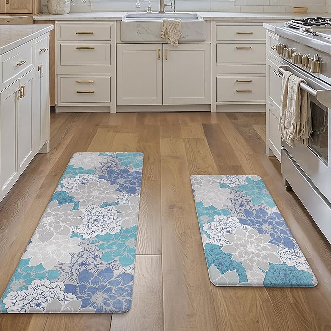 GENIMO Kitchen Mats for Floor, Kitchen Rugs Non Slip Washable Sets of 2, Waterproof Cushioned Anti Fatigue Mat, Floral Runner Rug for Laundry, Sink, Office, Home, 17.3"x47"+17.3"x30", Sky Blue